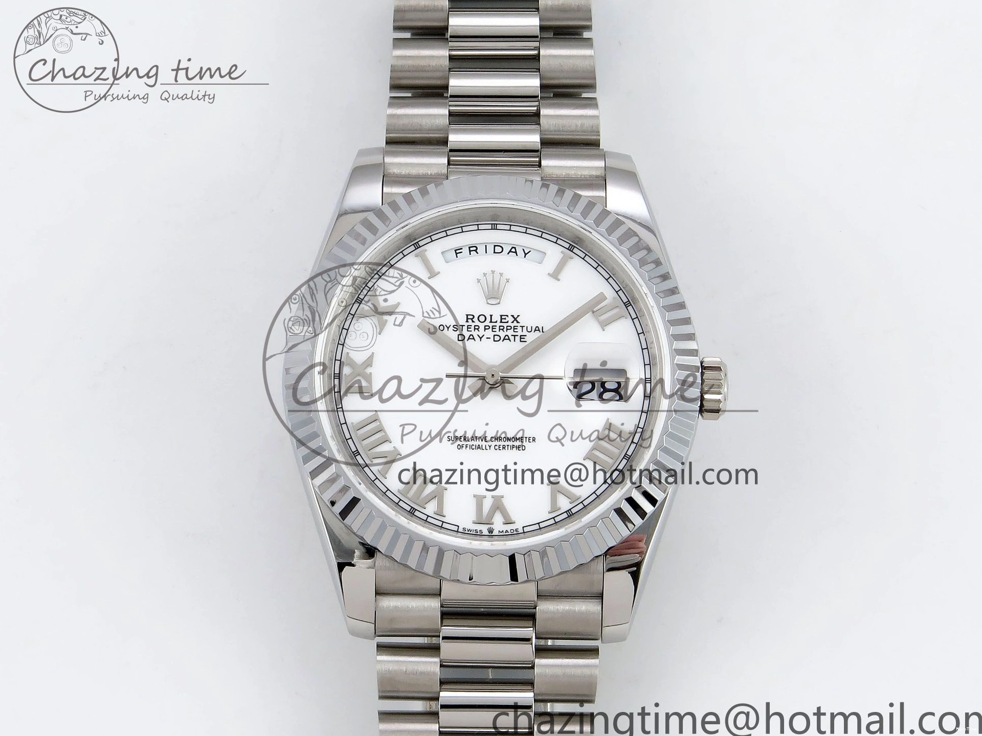 MiroTime 0108 DayDate 40 SS JDF 904L Steel White Roman Dial on President Bracelet VR3255 V3 (Gain Weight) Resilient 1424